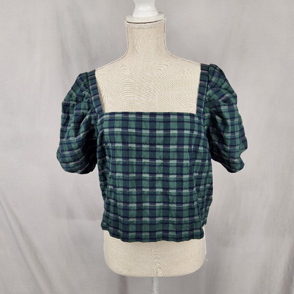 Madewell Gemma Crop Top Womens Size Large Puff Sleeves Square Neck Smocked Green